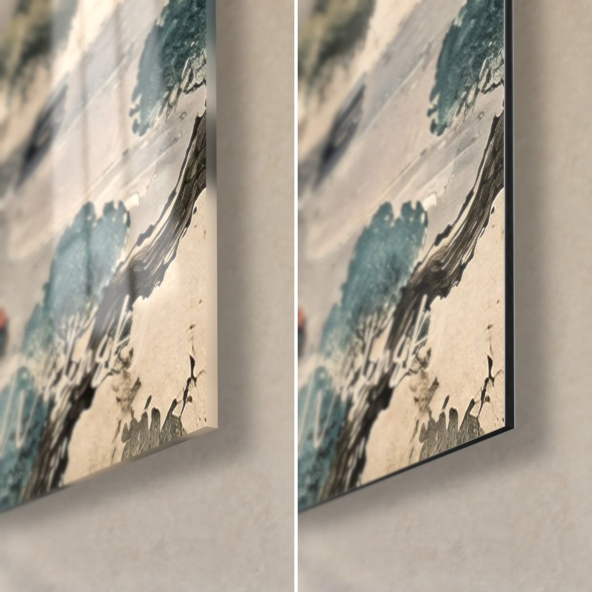 Πίνακας Champ-de-Mars σε ακουαρέλα, γαλαζοπράσινο φύλλωμα και μπεζ άμμου, κάτω δεξιά γωνία: γυαλιστερό γυαλί αριστερά, ματ Dibond δεξιά