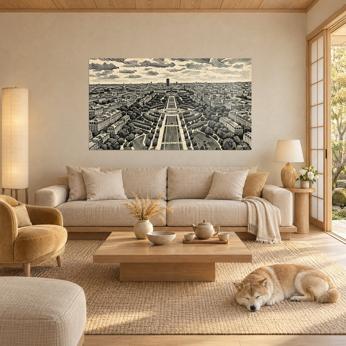Wall art perspective view of the Champ-de-Mars engraved in black ink on an ivory background, sleeping Shiba above a sofa in a bright living room