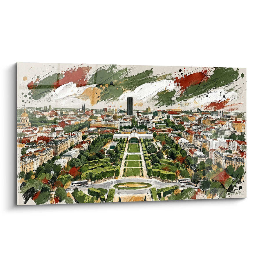 Gemälde Champ-de-Mars in Grün und Ocker, Luftansicht – Panorama über die Hauptstadt – Edition Champ-de-Mars Île-de-France