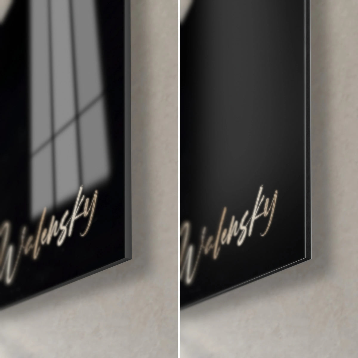 Πίνακας με καφέ και κρεμ μανιτάρια, κάτω δεξιά γωνία: γυαλιστερό ακρυλικό γυαλί αριστερά, ματ μαύρο Dibond δεξιά, πάχος 3 mm