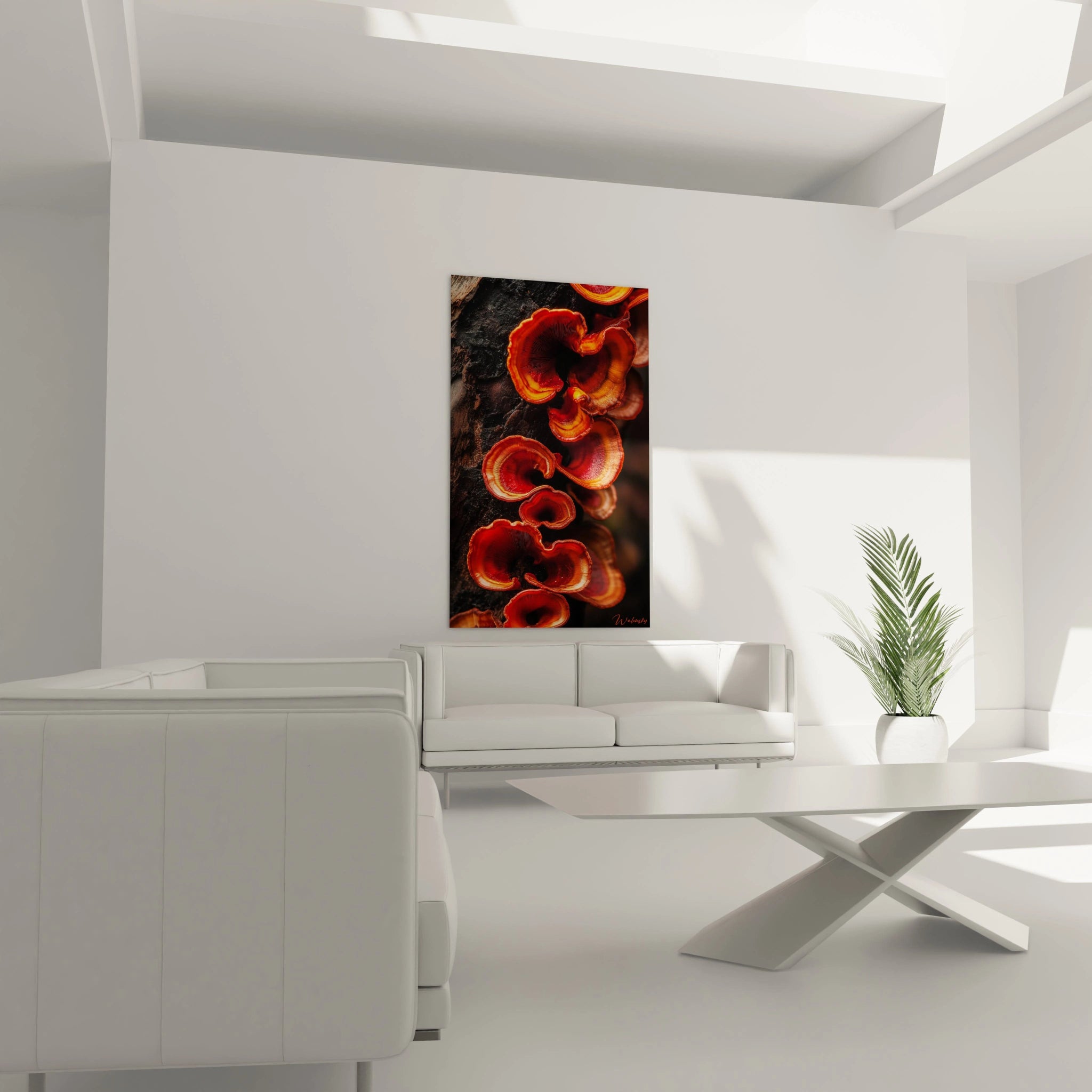 Un tableau champignon nature illustrant des champignons en croissance sur un bois noirci, avec des nuances de rouge, d’orange et de marron, soulignant les contrastes entre surfaces rugueuses et lisses.

