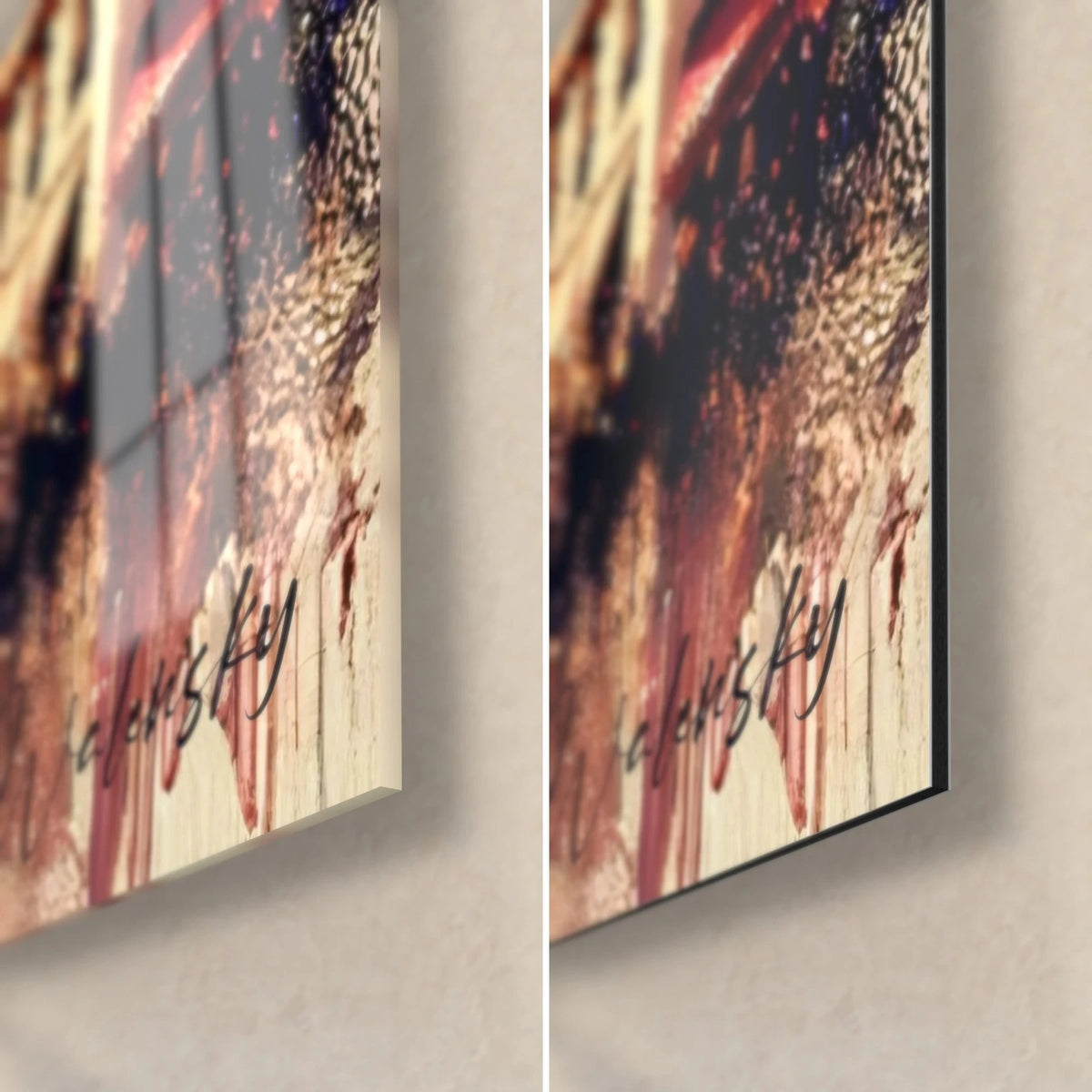 Wall art Champs-Élysées, bottom right corner: glossy acrylic glass and matte Dibond aluminium, 3 mm thickness, red and beige tones