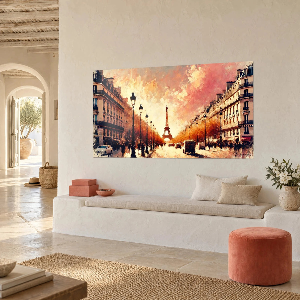 Oil painting wall art of Paris, black street lamps, cream facades and coppery foliage, in a Mediterranean home