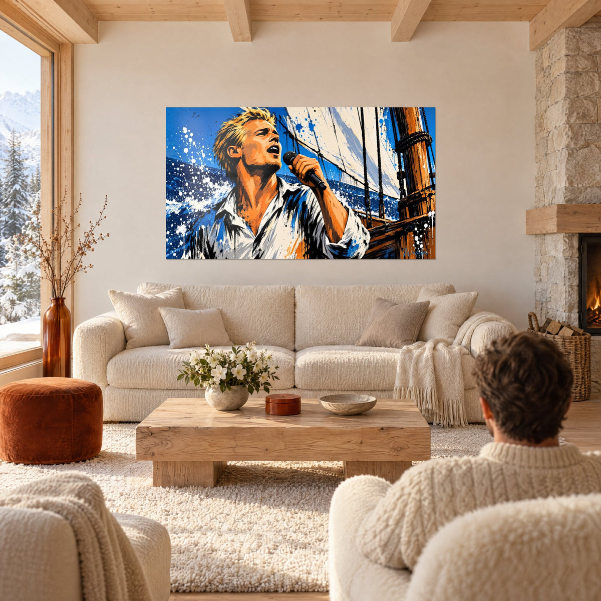 Tableau chanteur blond criant dans son micro, chemise blanche éclaboussée de bleu et d'orange, au-dessus d'un canapé dans un salon lumineux