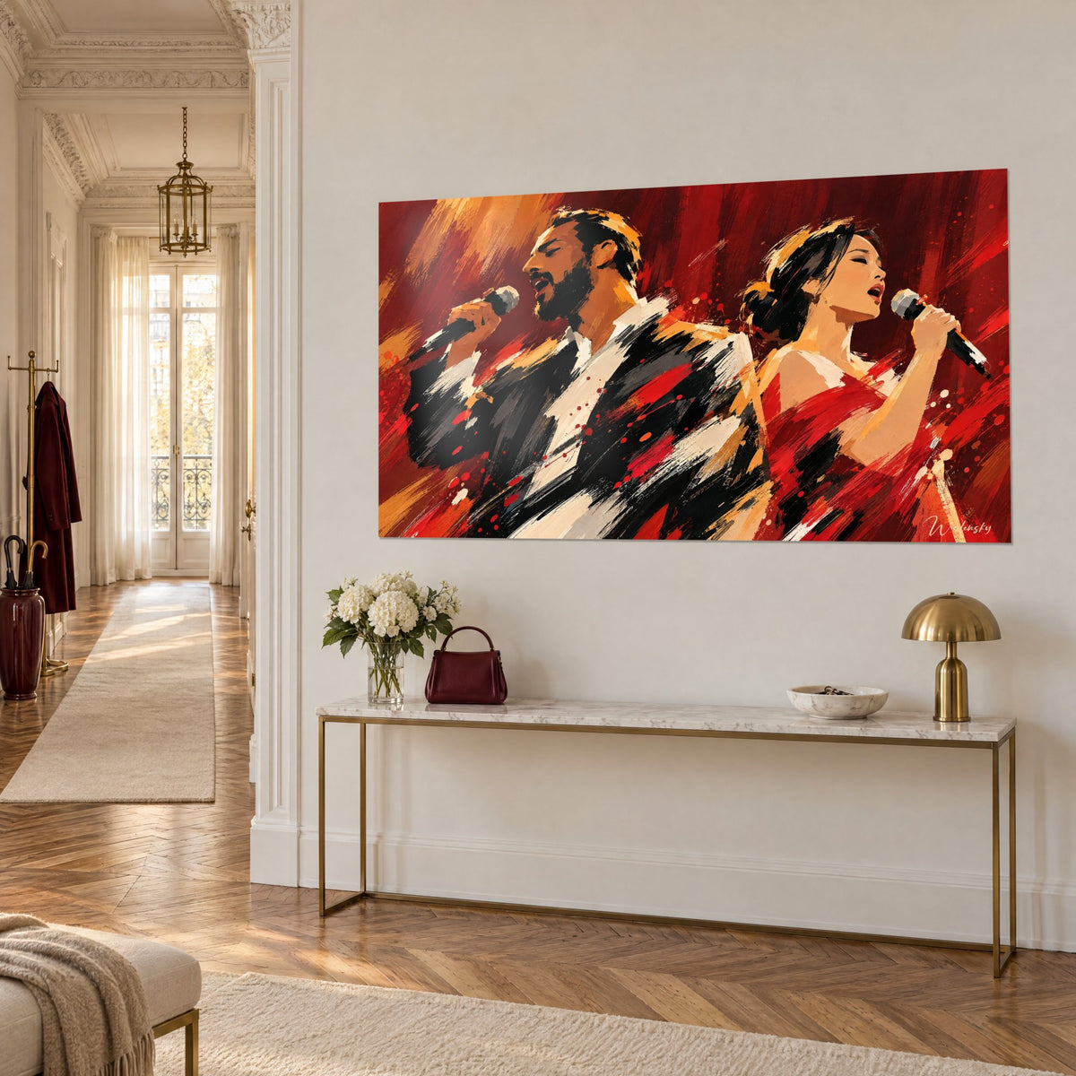 Tableau duo de voix micro en main, veste noire et blanche, fond bordeaux et ocre, sur un mur près d'une console dorée