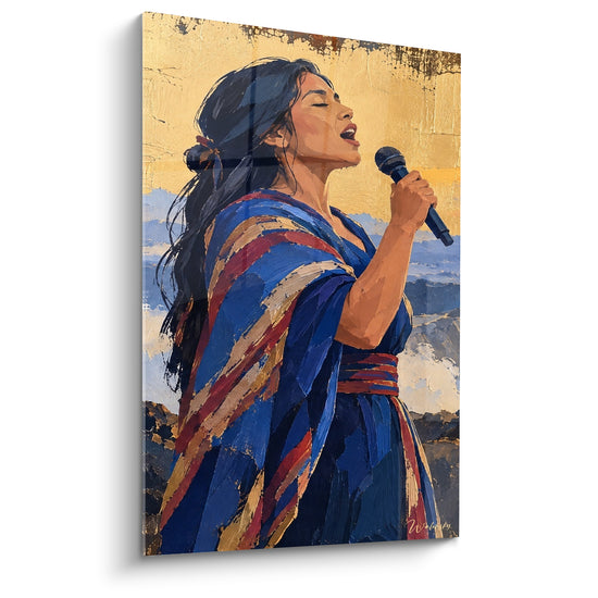 Tableau Chanteuse robe bleue microphone doré - Souffle vibrant - Edition Chant