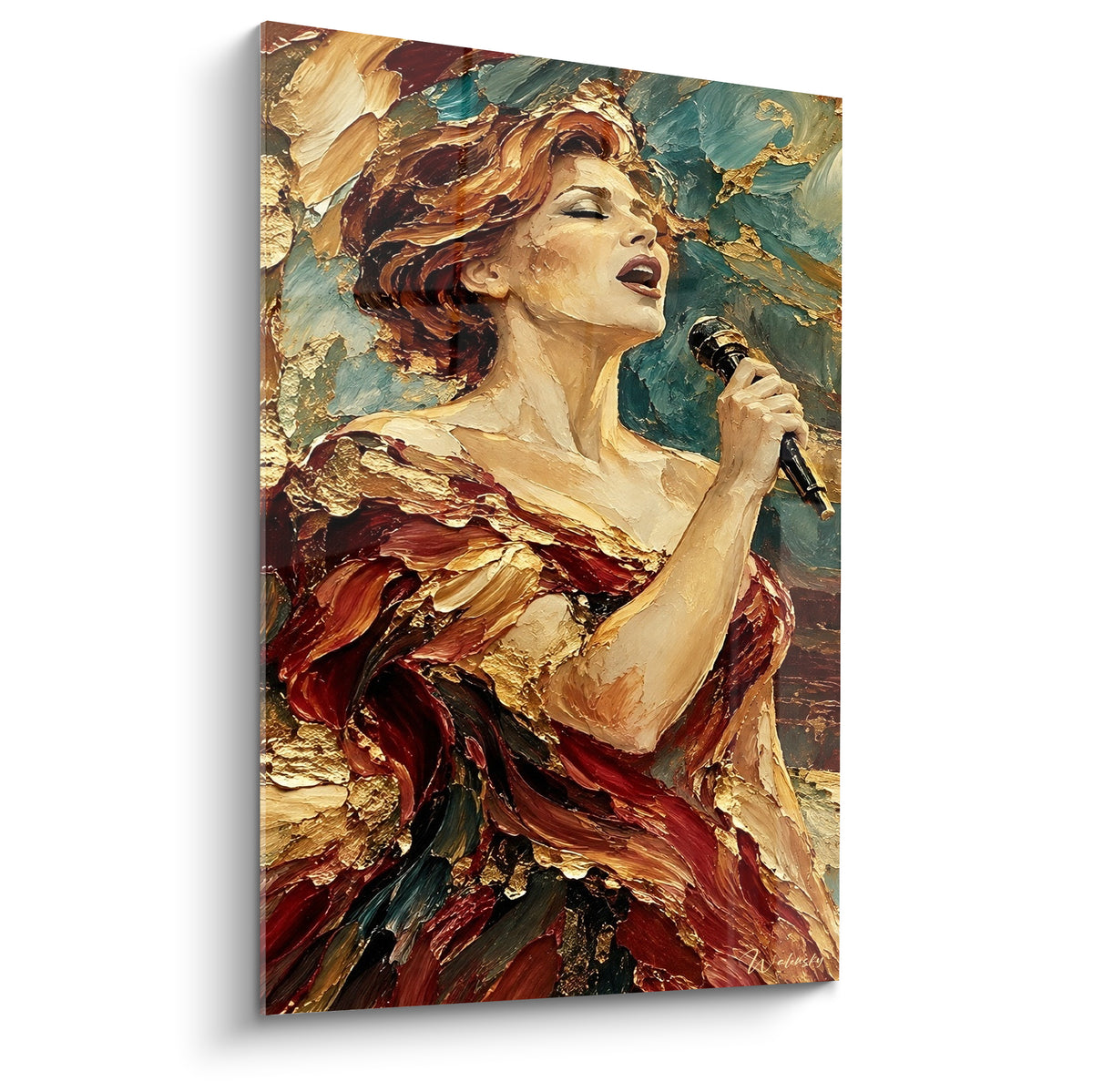 Tableau chanteuse lyrique en robe bordeaux et dorée, micro en main, fond bleu sarcelle texturé