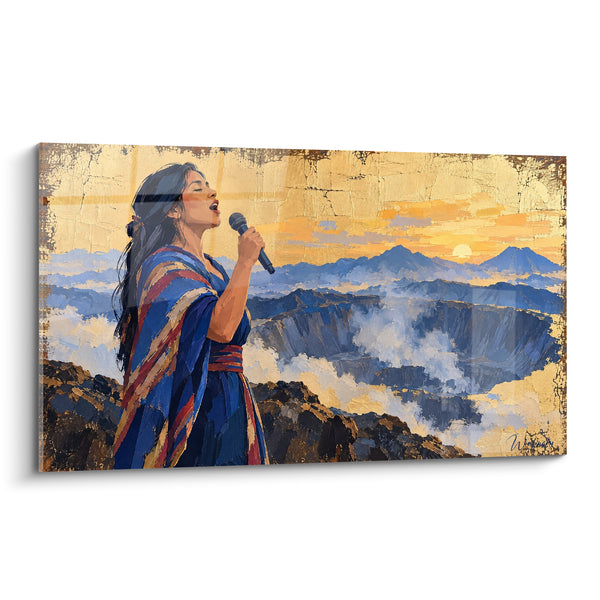 Tableau Chanteuse en châle bleu et doré sur sommet - Hymne des cimes - Edition Chant