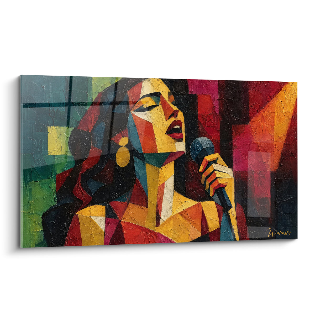 Tableau chanteuse cubiste au micro, visage fragmenté en jaune doré et rouge carmin intense