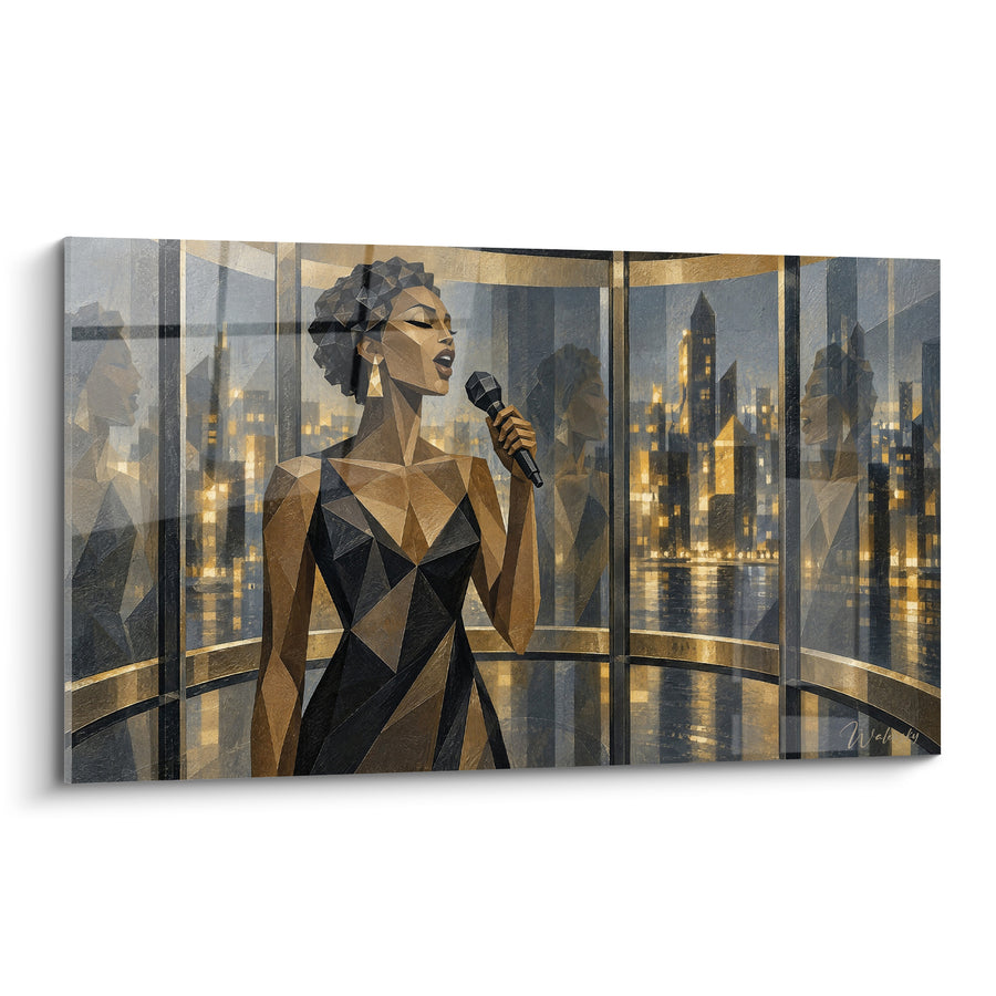 Tableau Chanteuse géométrique dorée et anthracite au micro - Voix sur la ville - Edition Chant