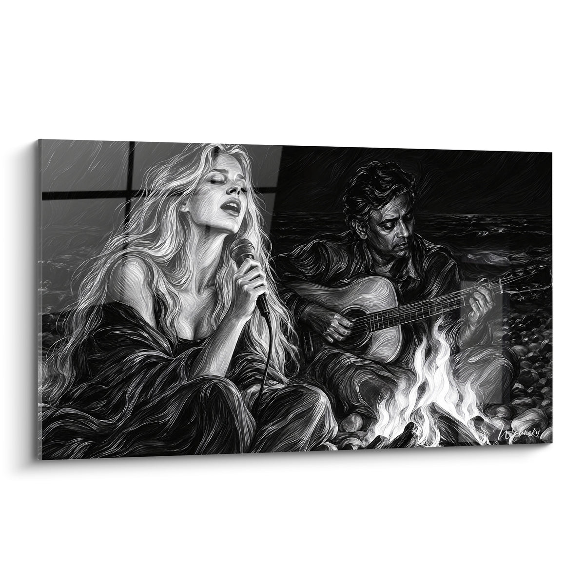 Tableau Chant représentant une chanteuse blonde et un guitariste près d'un feu, noir et blanc intense
