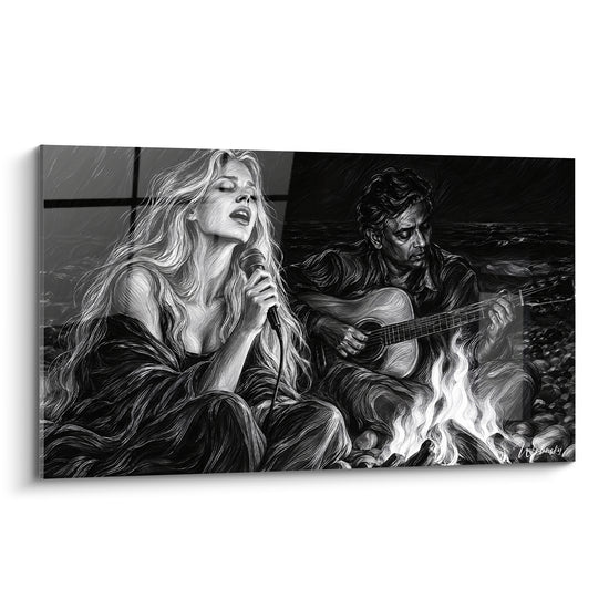 Tableau Chanteuse et guitariste près d'un feu - Sérénade nocturne - Edition Chant