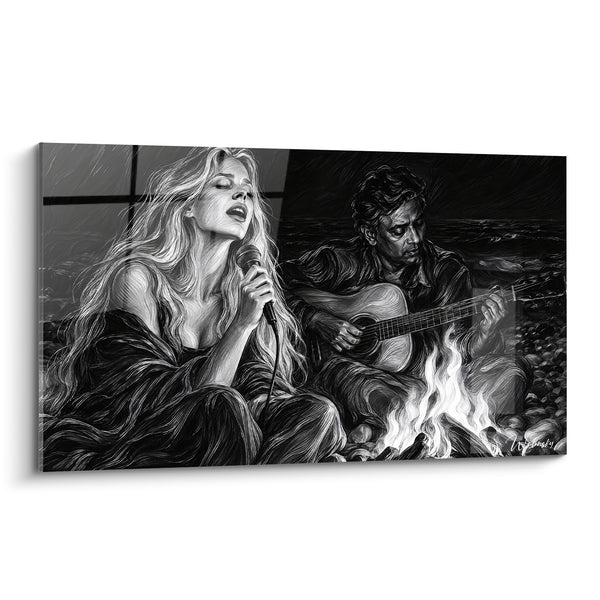Tableau Chanteuse et guitariste près d'un feu - Sérénade nocturne - Edition Chant