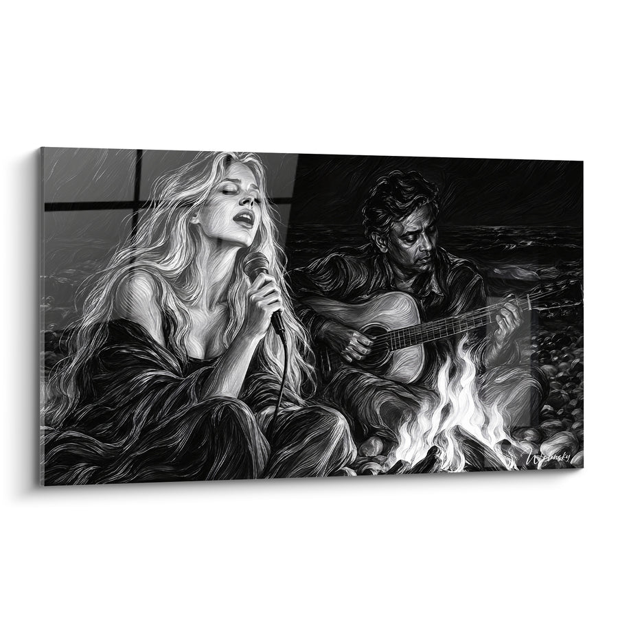 Tableau Chanteuse et guitariste près d'un feu - Sérénade nocturne - Edition Chant