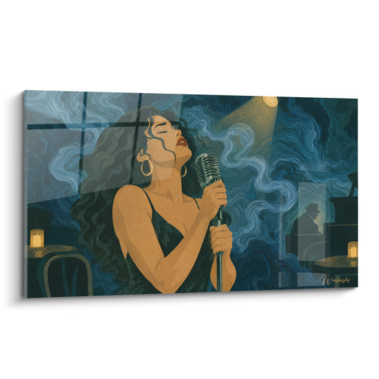 Tableau Chanteuse noire et bleue aux volutes de fumée - Pianiste en silhouette - Edition Chant