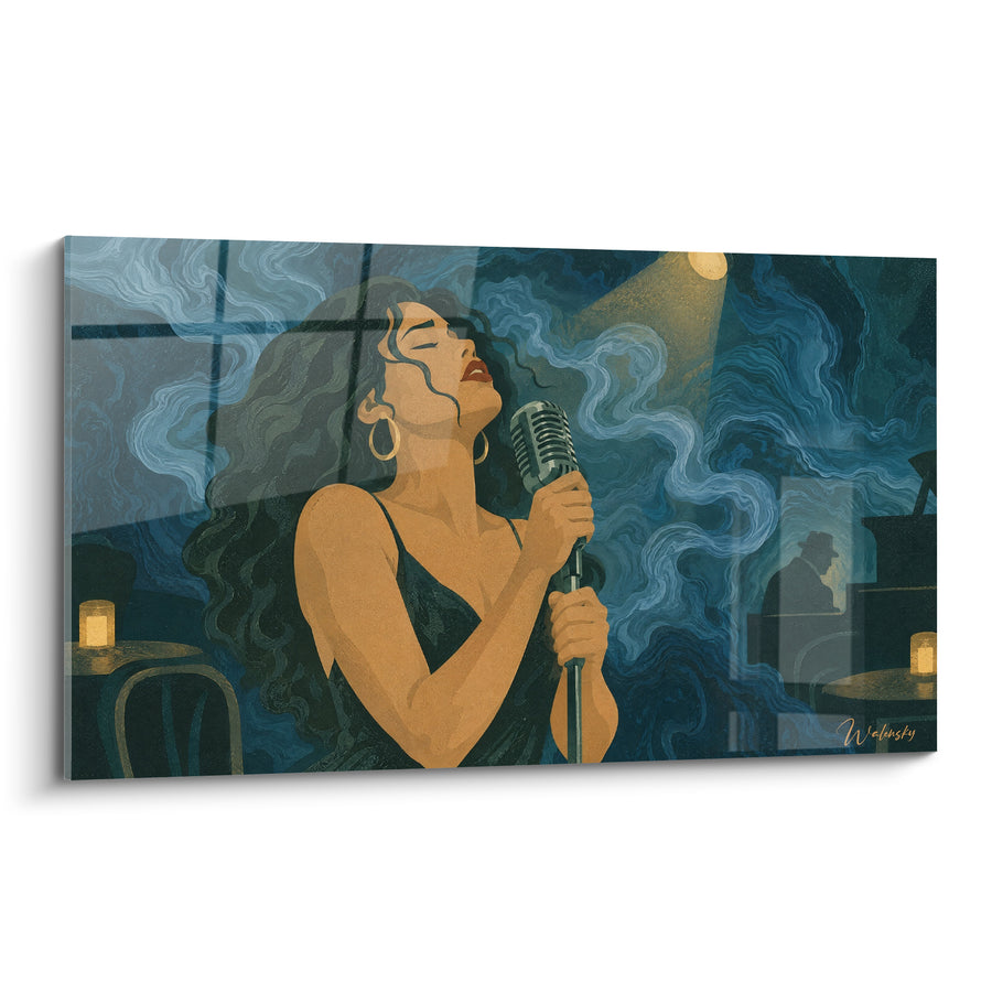 Tableau Chanteuse noire et bleue aux volutes de fumée - Pianiste en silhouette - Edition Chant