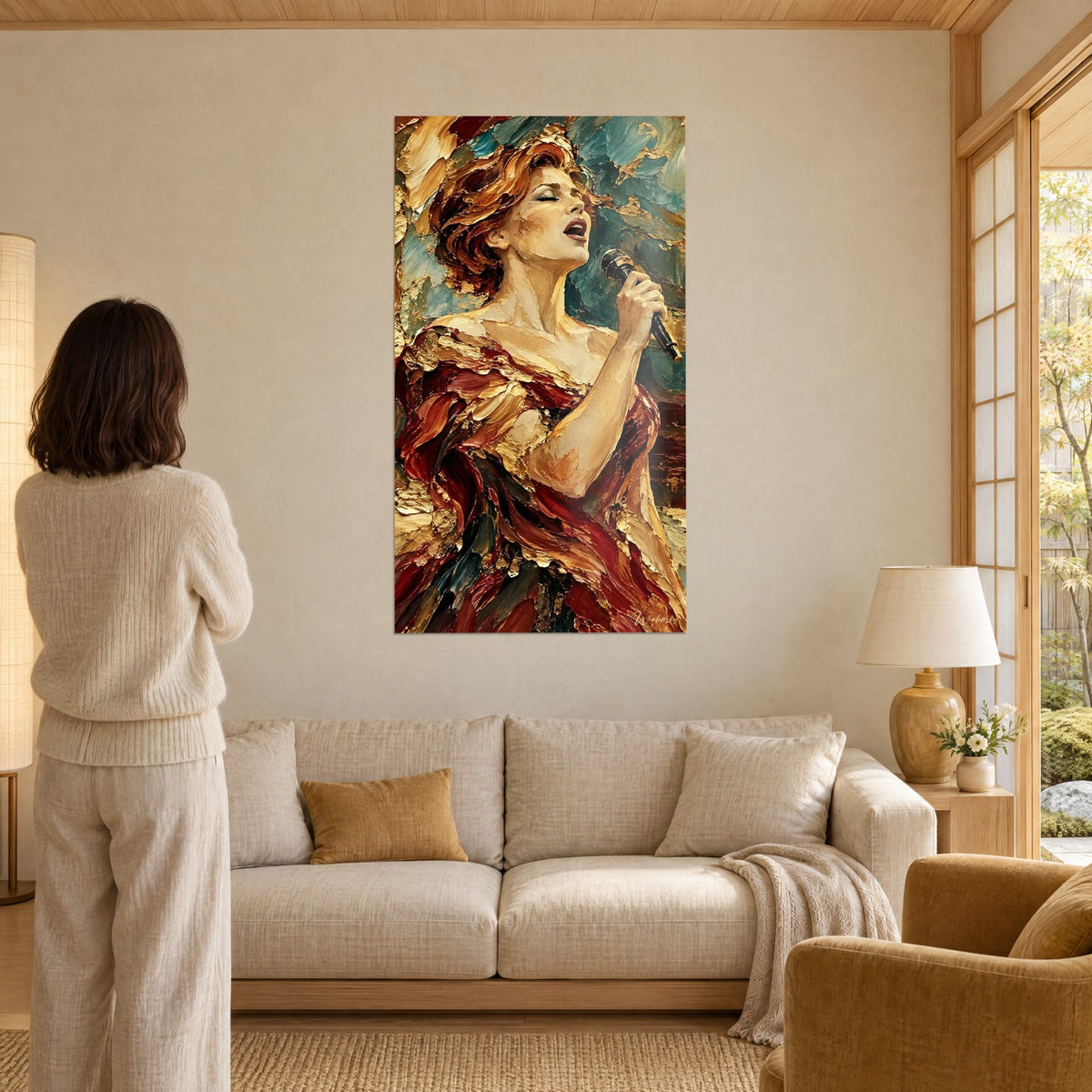 Tableau chanteuse rousse en robe bordeaux et or, micro levé, à l'huile épaisse, au-dessus d'un canapé dans un salon lumineux