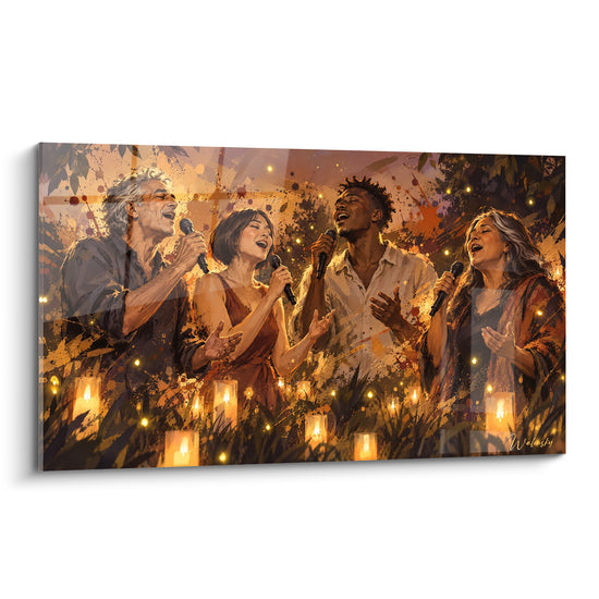 Tableau Chanteurs dorés aux bougies ambrées - Communion nocturne - Edition Chant