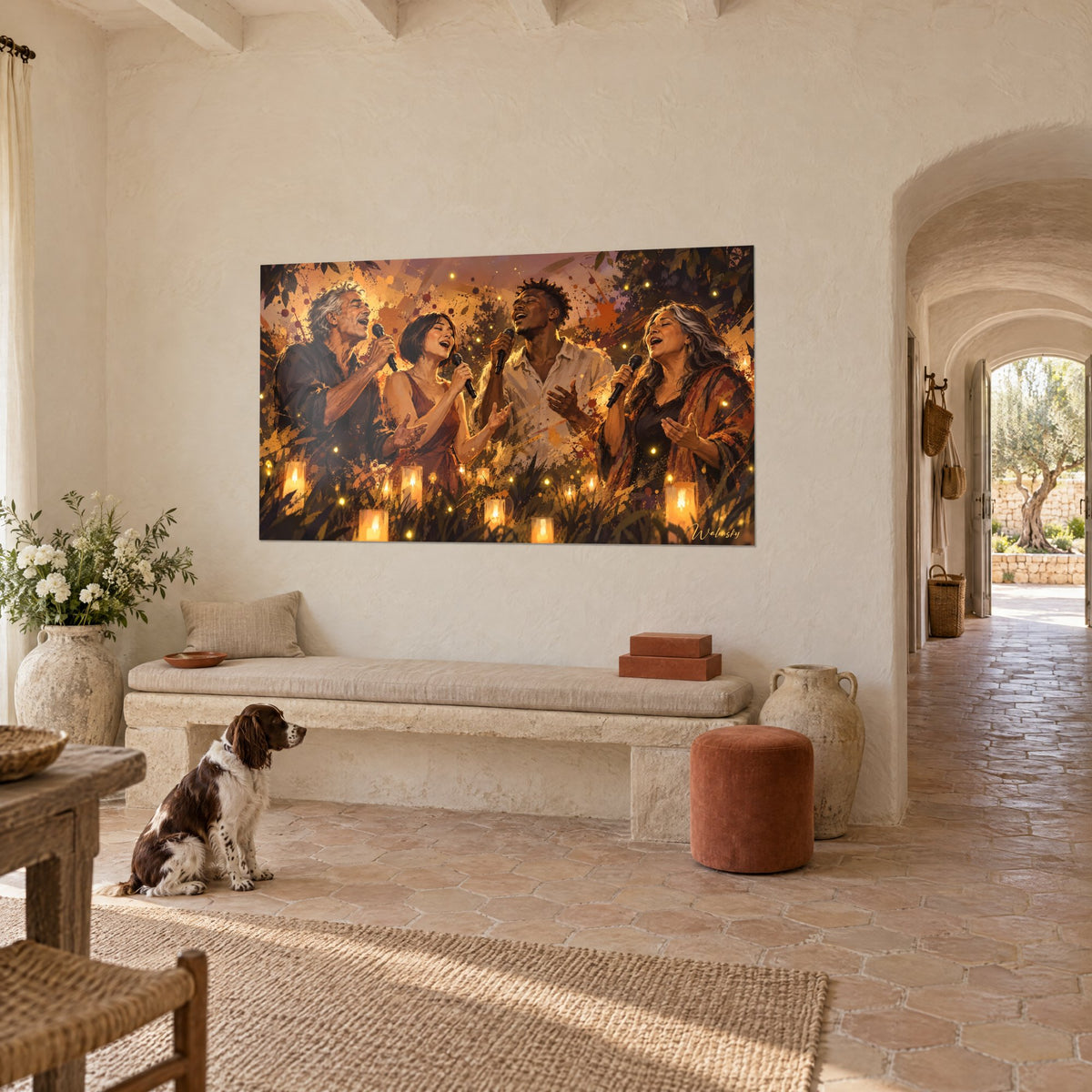 Tableau choristes aux yeux clos dans une lueur ambrée, bougies orangées et feuillage sombre, mur chaulé d'un mas provençal