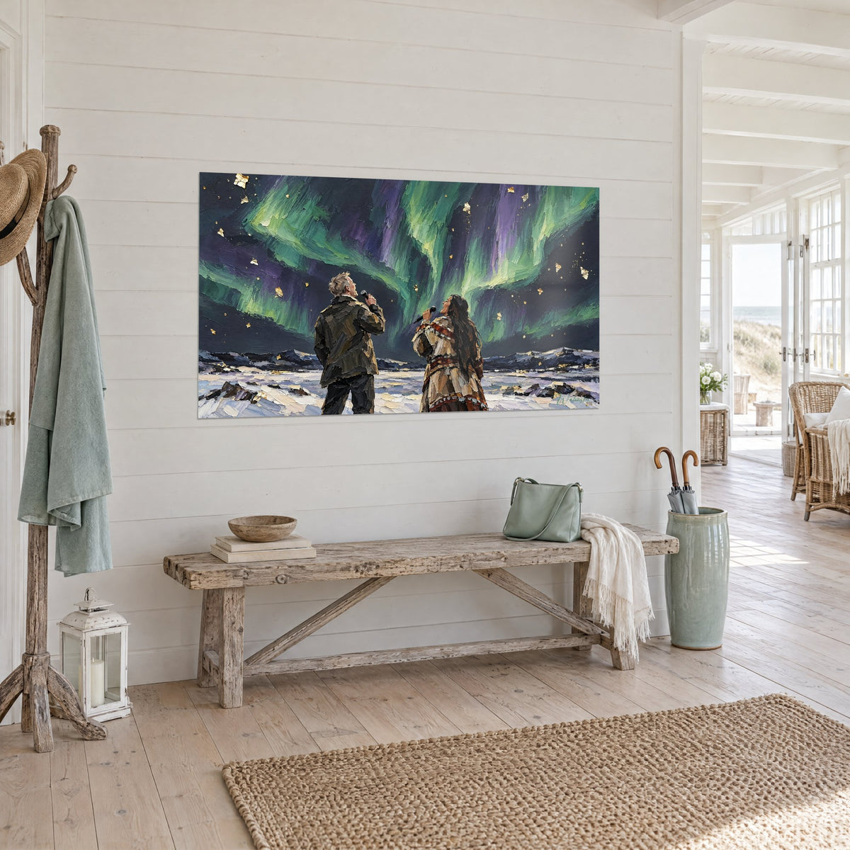 Tableau ciel polaire strié de vert émeraude et de violet, flocons dorés, vu en trois-quarts au-dessus d'un banc en bois clair