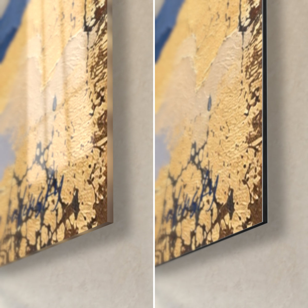 Tableau interprète au châle bleu, coin bas droit : dorure craquelée sur verre brillant et Dibond mat, tranche de 3 mm