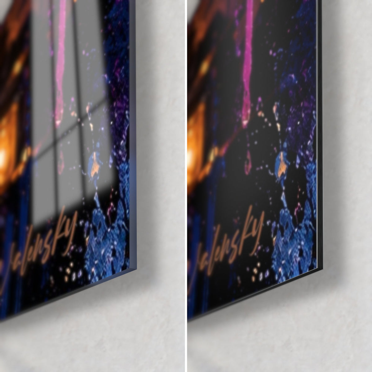 Tableau musicien au micro vintage, coin bas droit : signature dorée, coulures bleu cobalt, verre brillant et Dibond mat