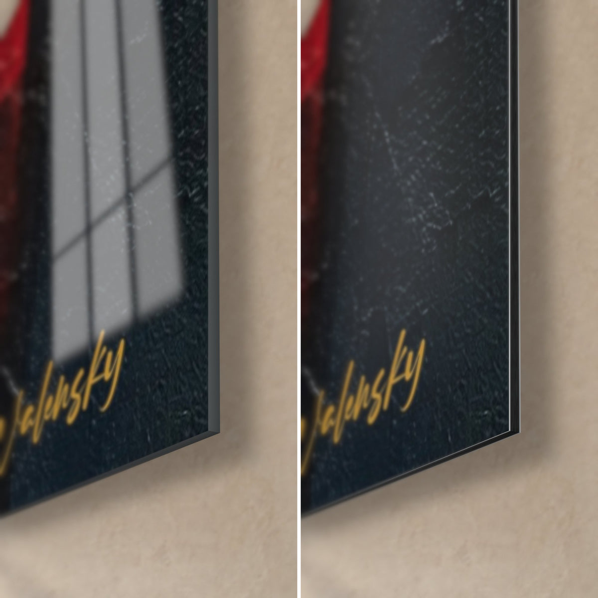 Tableau portrait cubiste en peinture texturée, coin bas droit : verre acrylique brillant et Dibond noir mat, tranche 3 mm
