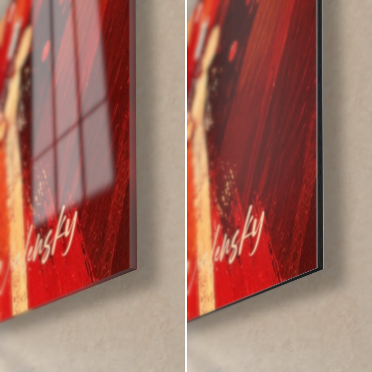Tableau chanteurs en rouge profond, coin bas droit : verre acrylique brillant aux reflets, alu Dibond mat noir, tranche 3 mm