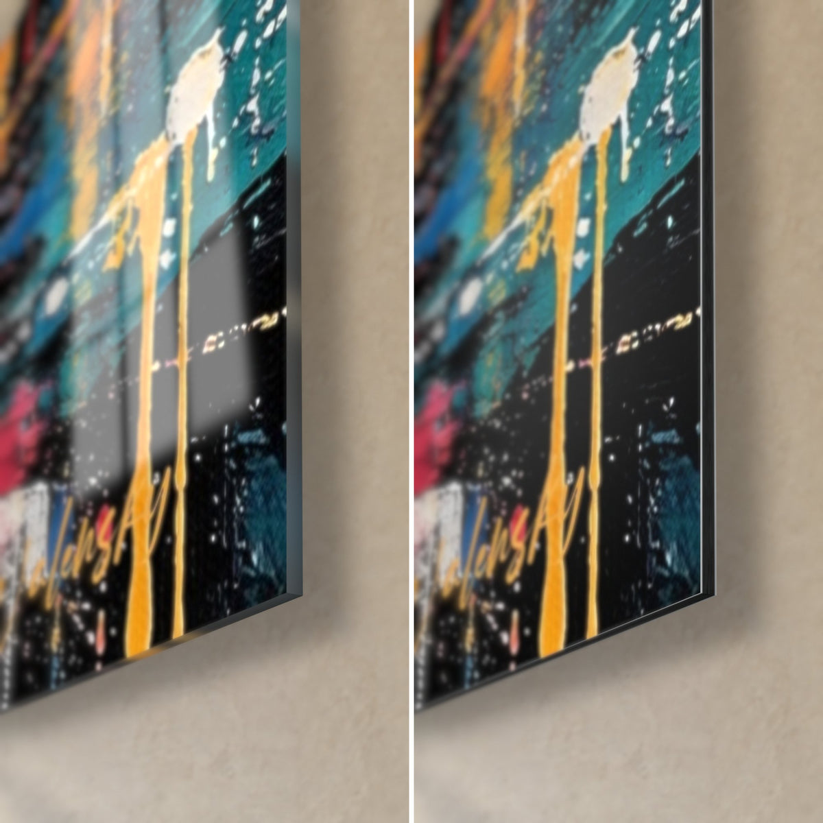 Tableau interprète au micro, coin bas droit : coulures jaune d'or et bleu sur verre brillant et alu Dibond mat, tranche 3 mm