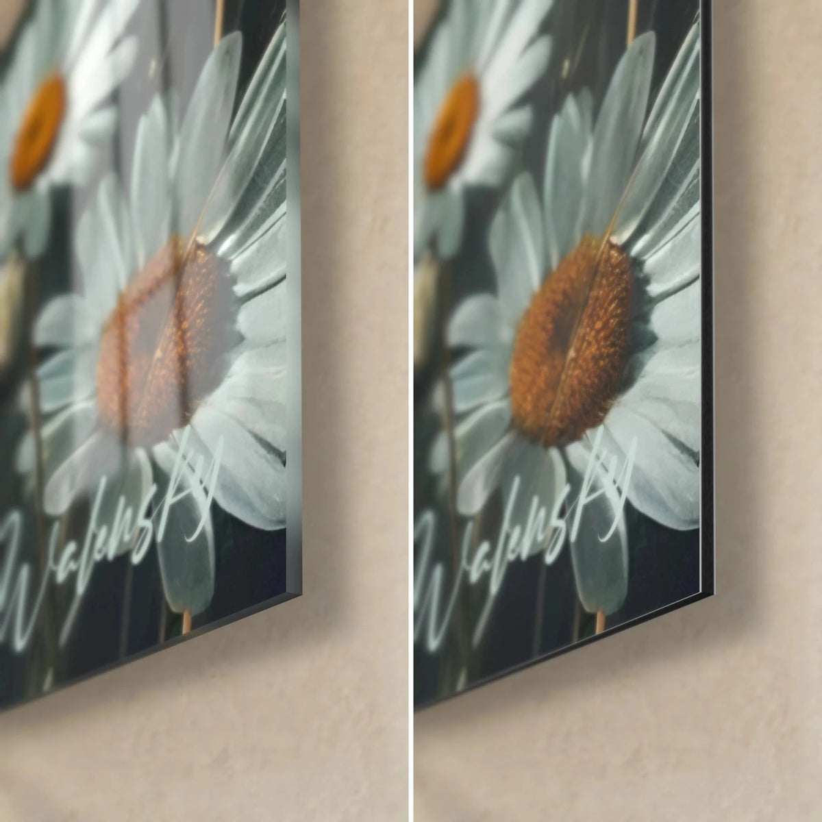 Quadro fiore di margherita dai petali bianchi e cuore arancio, vetro acrilico lucido a sinistra, alluminio Dibond opaco a destra, spessore 3 mm