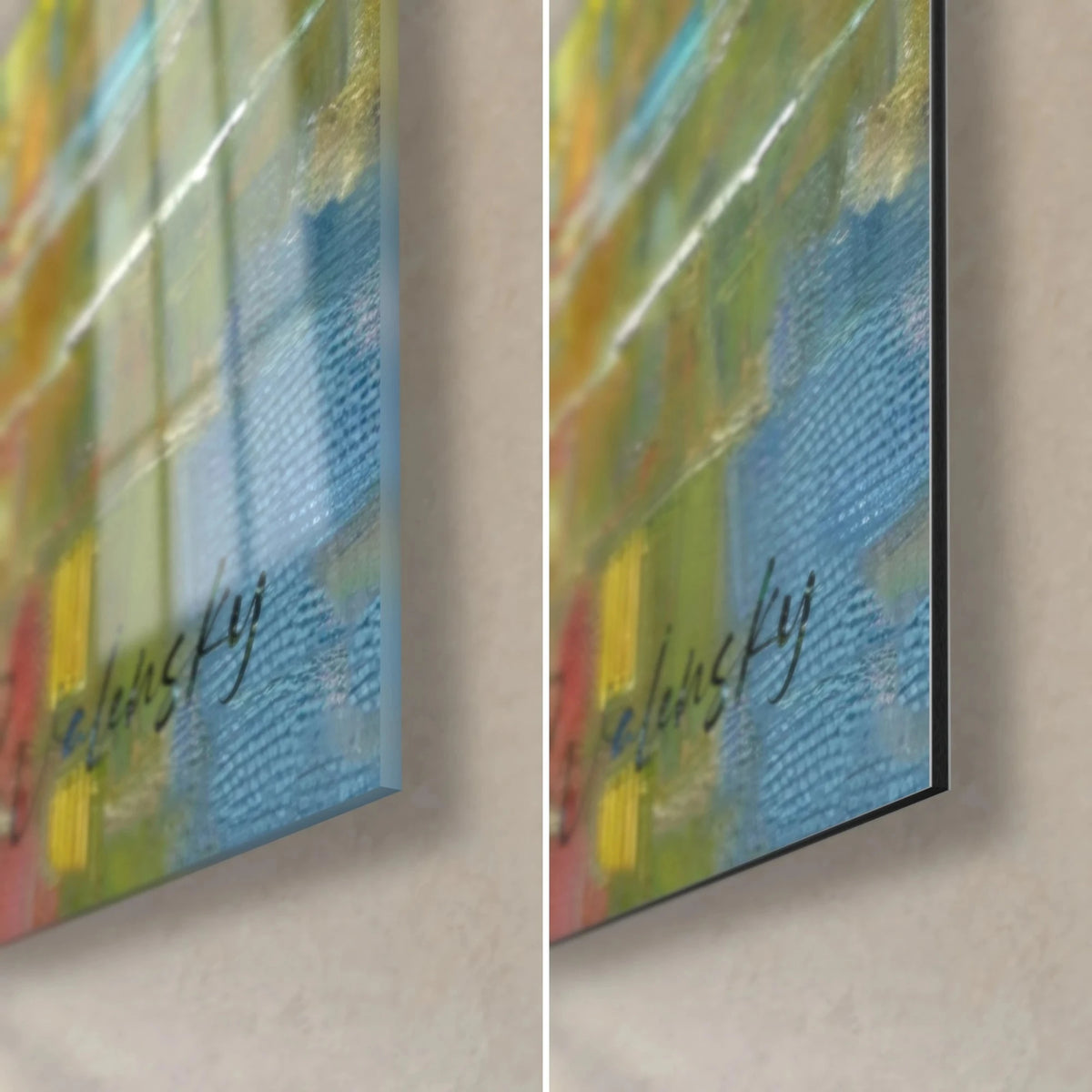 Quadro piccoli uccelli giallo sole e verde muschio, angolo in basso a destra: vetro acrilico lucido a sinistra, Dibond nero opaco a destra, bordo di 3 mm