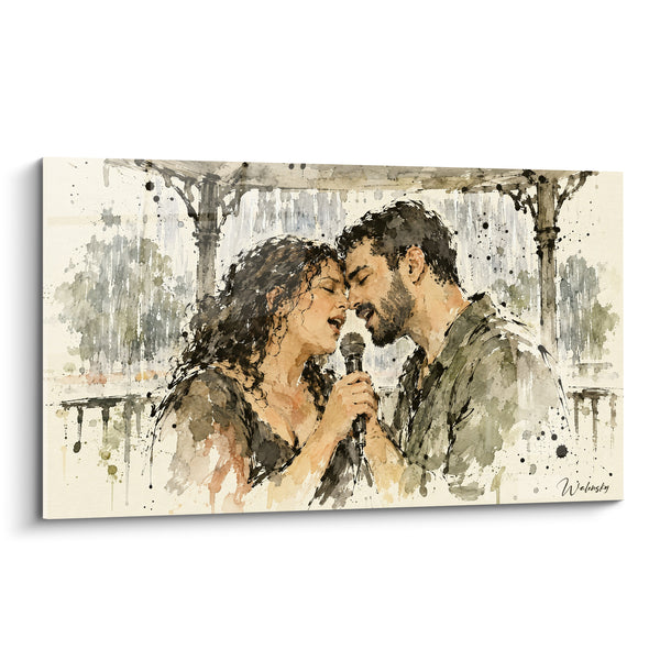 Tableau Duo front contre front au micro - Duo sous la pluie - Edition Chant