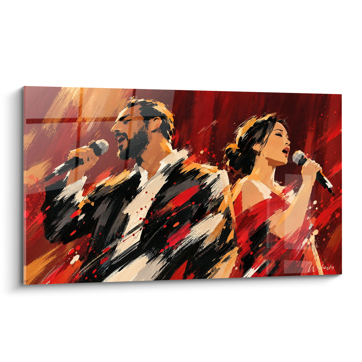 Tableau Chant duo d'artistes aux micros, veste noire et robe rouge sur fond terracotta vibrant