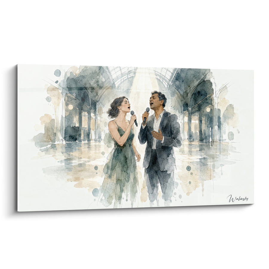 Tableau Duo de chanteurs verrière bleu doré - Duo à l'unisson - Edition Chant