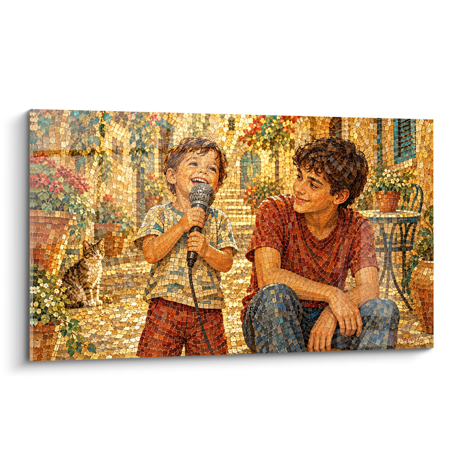 Tableau Enfant chanteur doré aux tesselles ocre - Éclat de rire chanté - Edition Chant