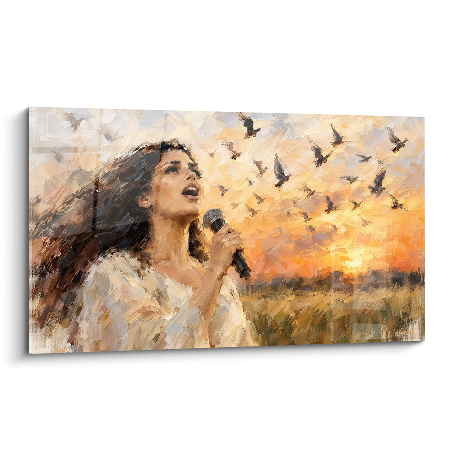 Tableau Chanteuse aux oiseaux orangé et doré - Envol vers le soleil - Edition Chant