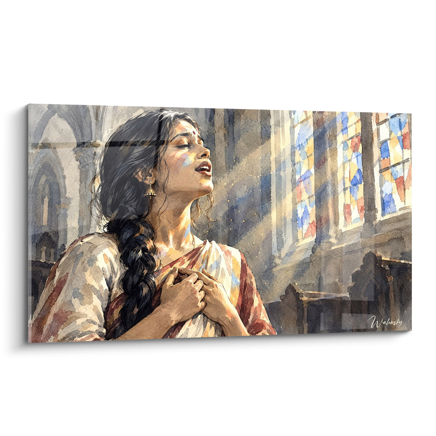 Tableau Chanteuse aux vitraux dorés et bleus - Élan vers la lumière - Edition Chant