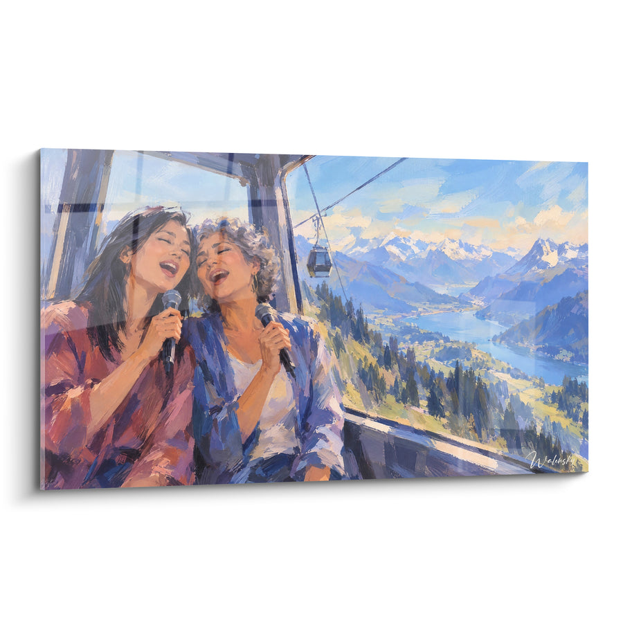 Tableau Deux femmes chantant en téléphérique alpin - Duo en altitude - Edition Chant