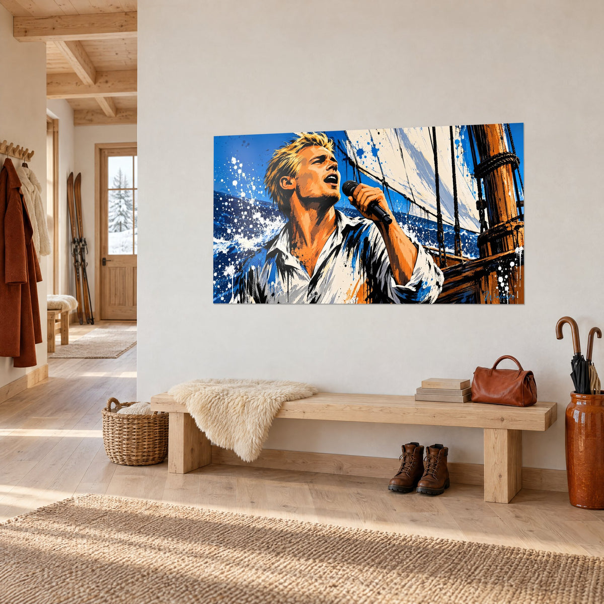 Tableau interprète aux cheveux dorés tenant un micro noir, voile crème et mât brun, mur blanc d'un chalet en trois-quarts