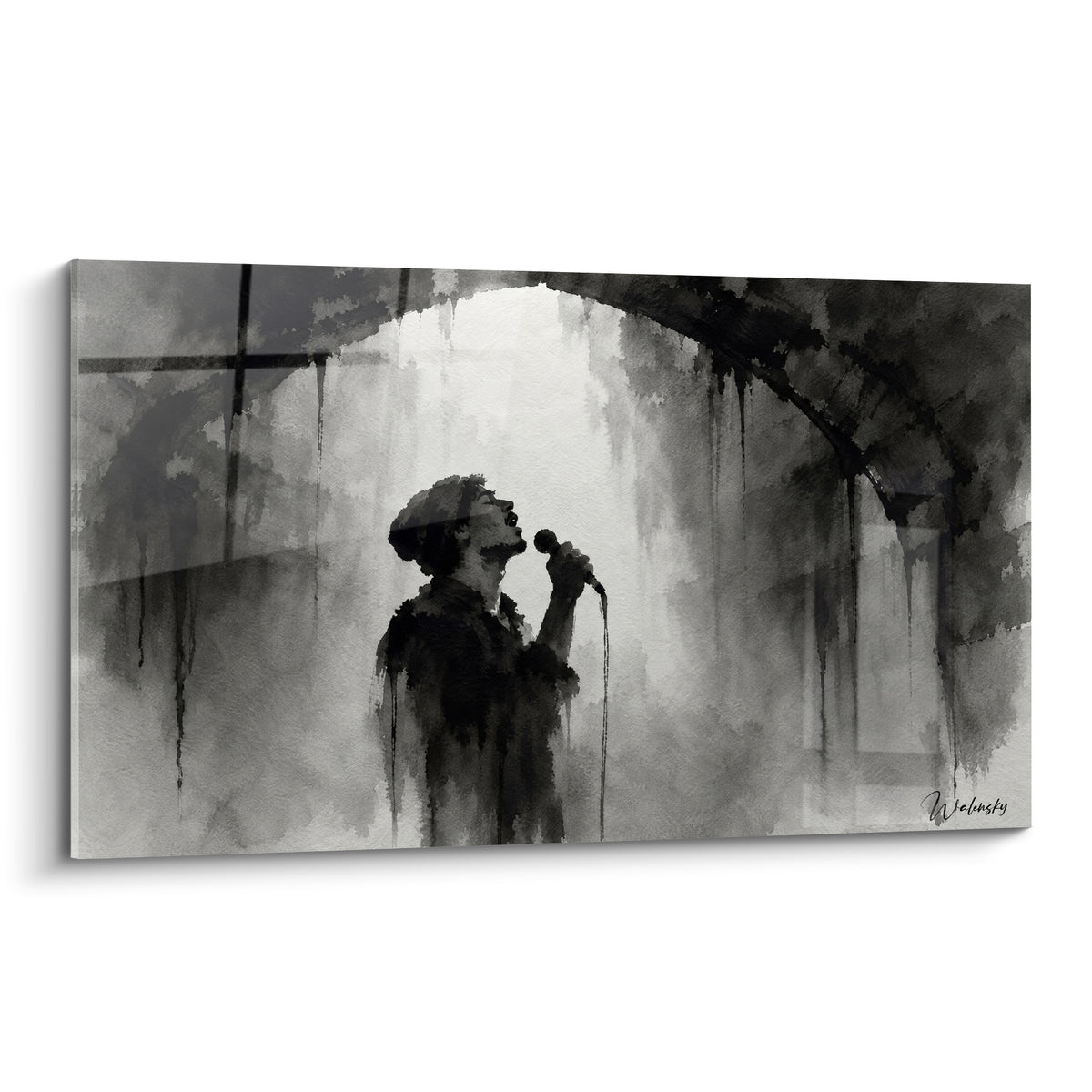 Tableau chanteur silhouette noire micro voûte, contraste anthracite et blanc façon encre liquide
