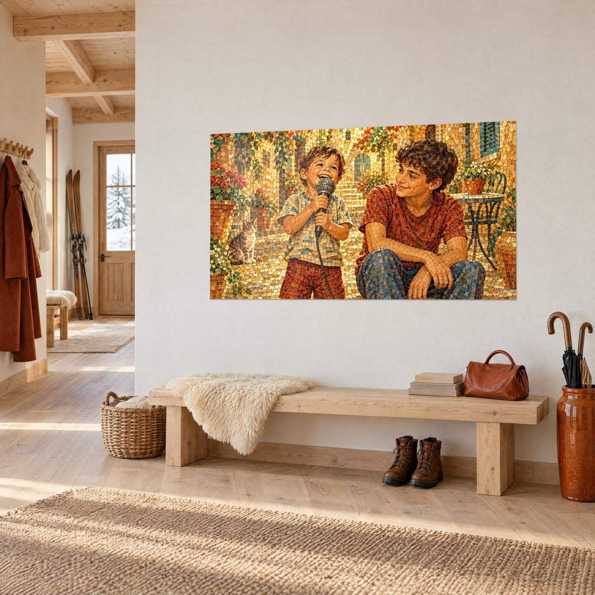 Tableau frère aîné souriant aux boucles brunes, tee-shirt rouille et jean bleu, fleurs orangées, sur un mur de chalet clair