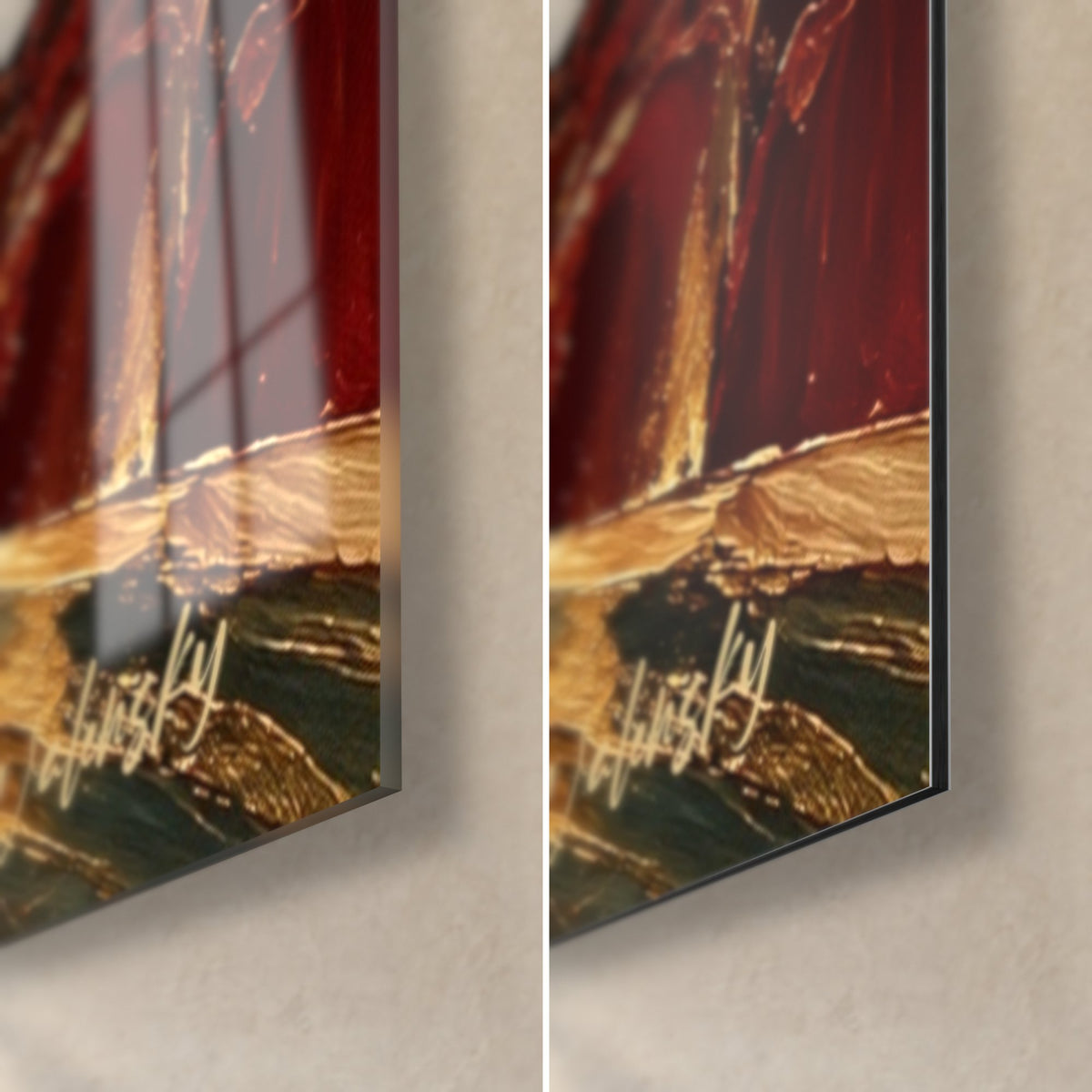 Tableau cantatrice en robe rubis, coups de couteau or et pourpre, verre brillant à gauche, Dibond mat à droite, tranche 3 mm