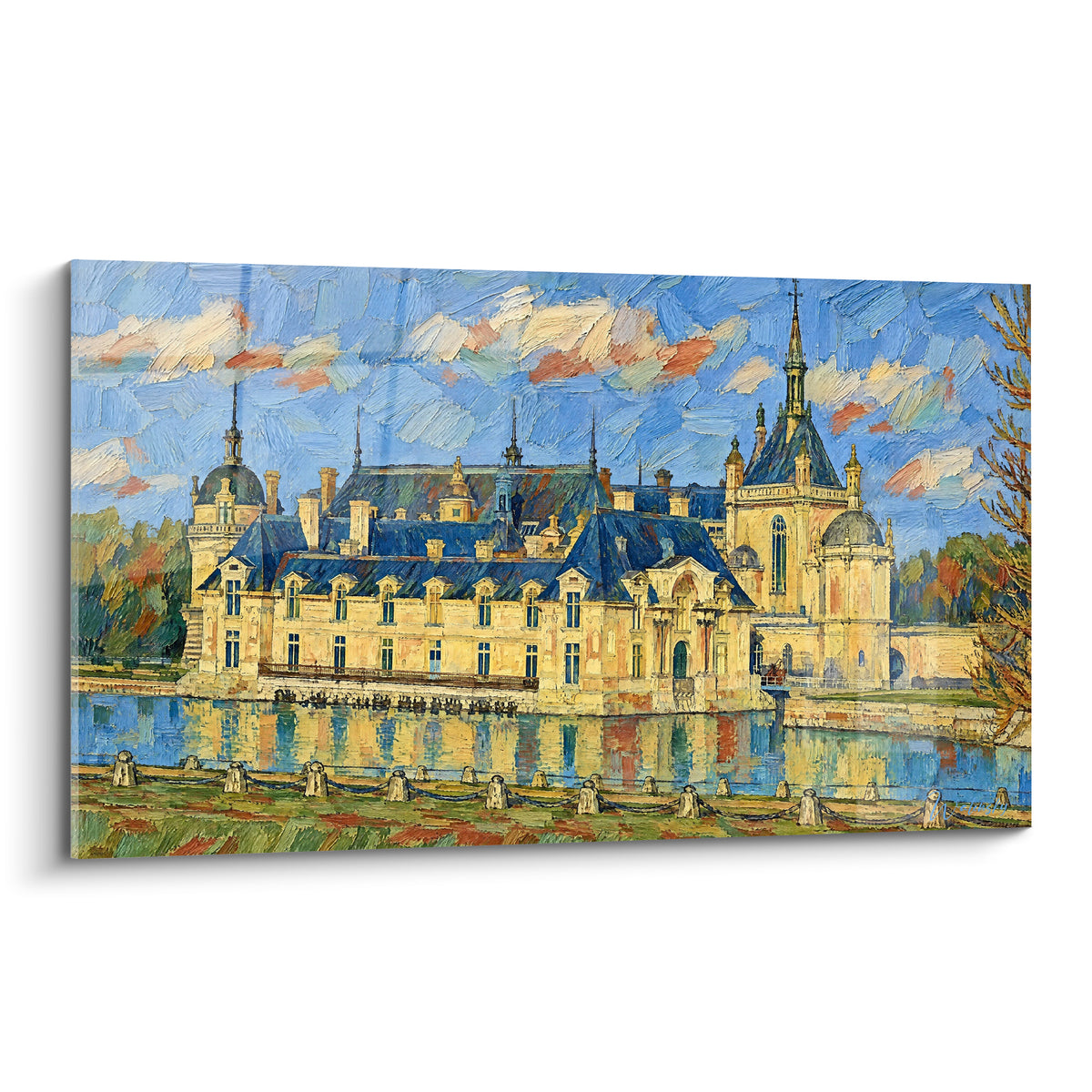 Gemälde Schloss Chantilly aus goldenem Stein mit Schieferdächern, blaue Wassergräben spiegeln die Fassade, impressionistische Pinselstriche