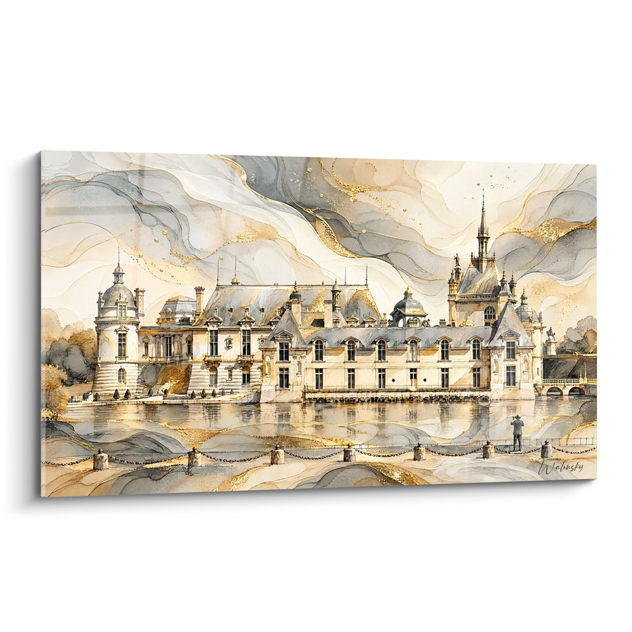 Golden Castle Painting with Slender Turrets - Reflections of Another Time - Chantilly Hauts-de-France Edition