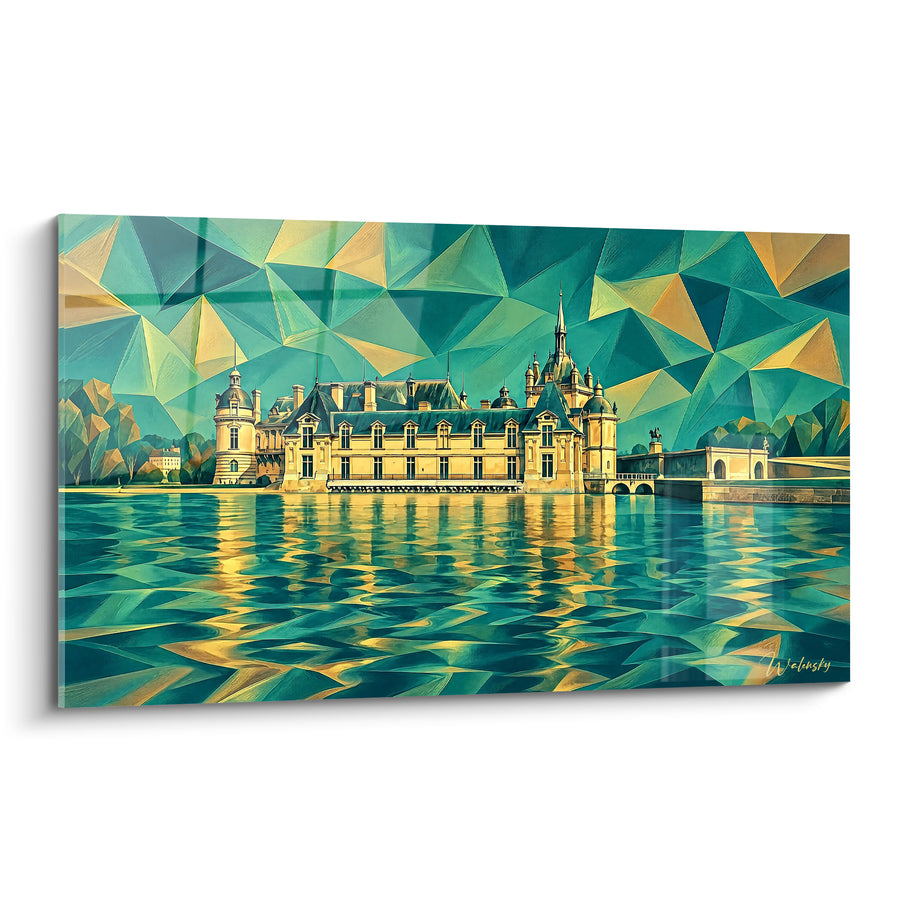 Golden Castle painting with turquoise geometric reflections - Royal shimmer - Chantilly Hauts-de-France Edition