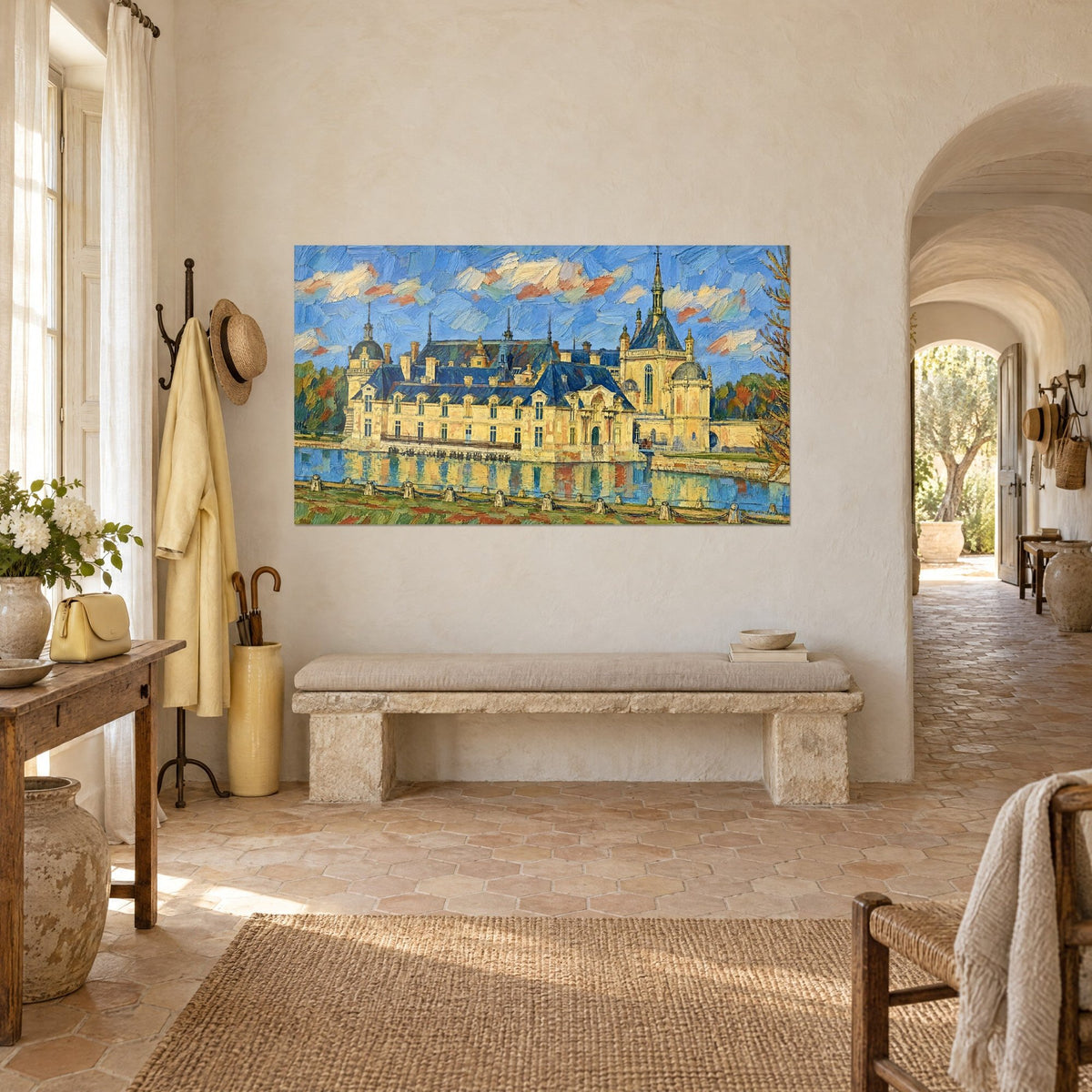 Gemälde Renaissance-Anwesen in Strohgelb, umgeben von blauen Wassergräben, Himmel mit wolkigen Pinselstrichen in Orangetönen, in einem Flur eines provenzalischen Landguts