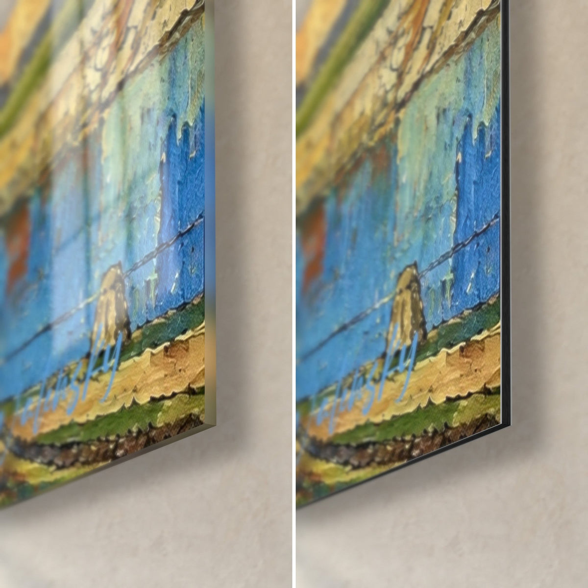 Gemälde goldenes Schloss mit türkisen Reflexen, unten rechts, dicke Pinselstriche auf glänzendem Glas links und mattem Dibond rechts