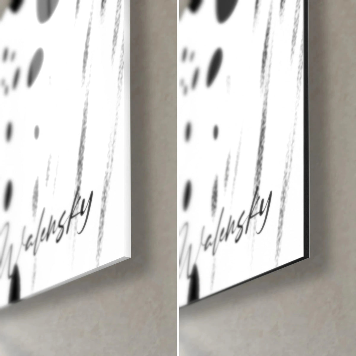 Wall art with black and grey drops on white, bottom right corner, glossy acrylic glass on the left, matte Dibond on the right, 3 mm edge