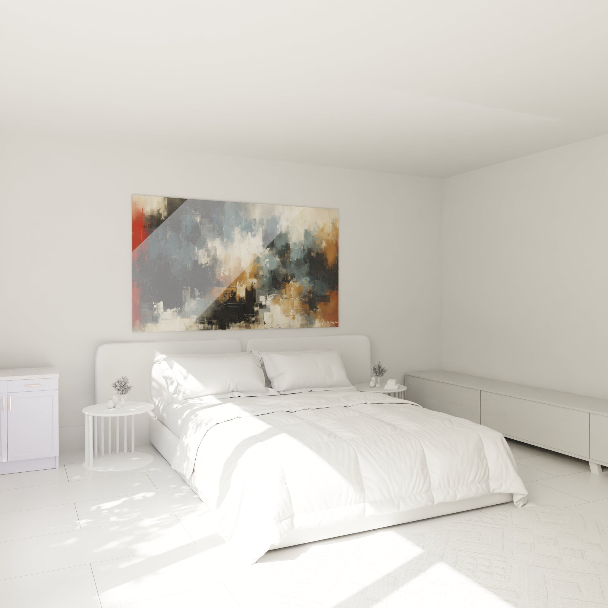Un tableau abstrait de composition architecturale avec formes angulaires. La palette associe bleu ardoise, noir, beige, ocre et rouge profond. Les textures combinent surfaces lisses et rugueuses avec des effets de raclage, des lignes incisées et des zones d'accumulation de peinture créant un relief tactile.
