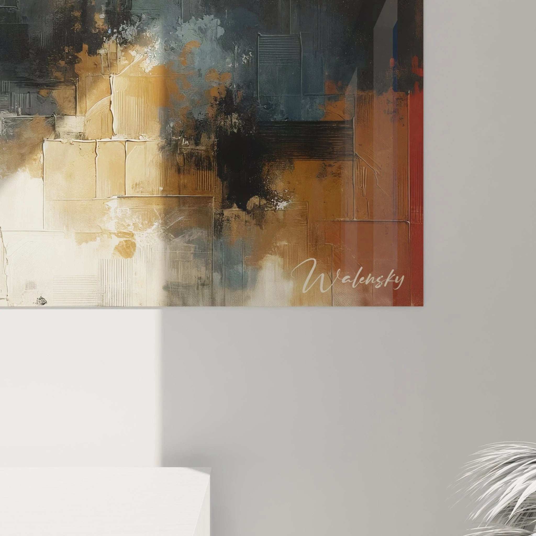 Un tableau abstrait de composition fragmentée en sections géométriques. La palette inclut bleu acier, noir, blanc crémeux, ambre et rouge sang. Les textures montrent des applications variées de peinture, des lignes gravées, des craquelures délibérées et des effets de spatule créant un damier irrégulier aux bords imprécis.
